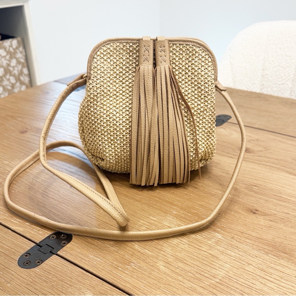 CHICO’S Tan Leather Mini Crossbody Bag With Tassels Like New!